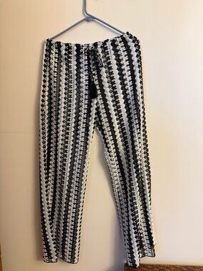 BCX Black and White Striped Crochet-Style Joggers